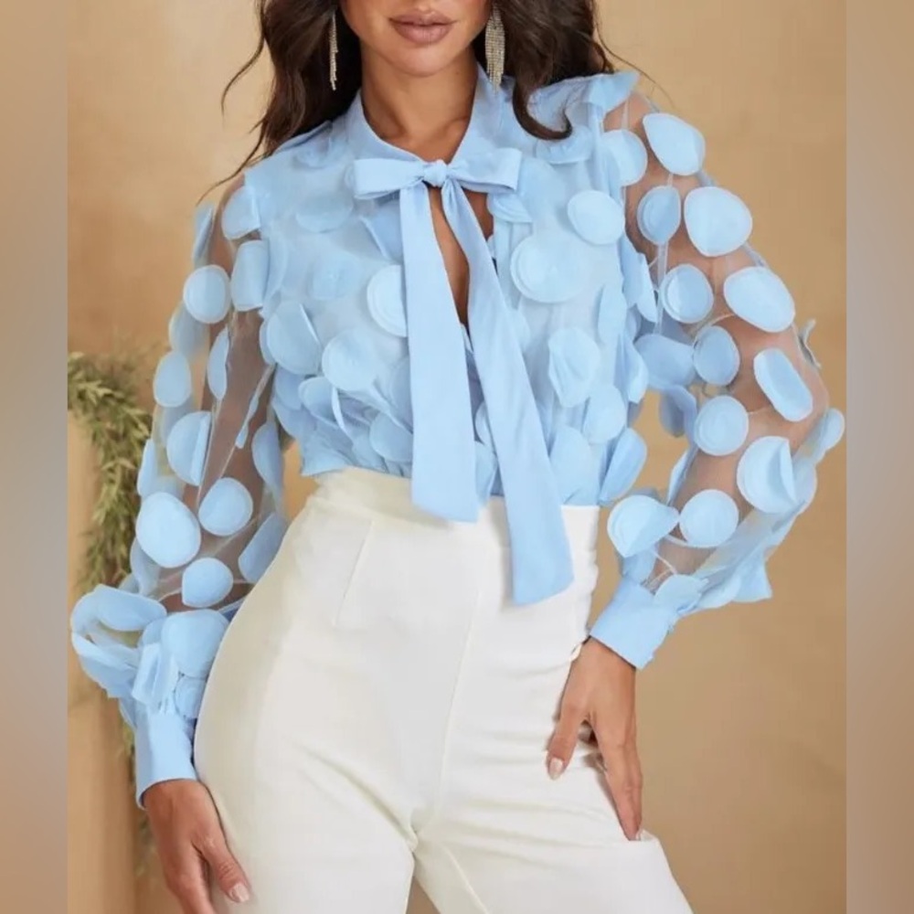 French Retro 3D Circle Detail Chiffon Bow Neck Tie Sheer Blouse Euro Billowy L